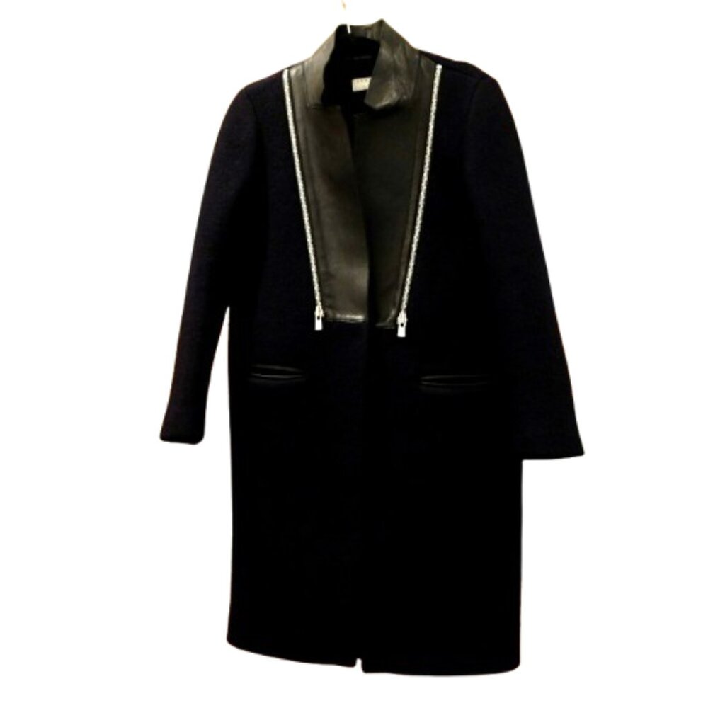 SANDRO~Mantreau~BLACK WOOL & LEATHER WOMENS COAT SIZE 42/ US 10 NEAR NEW
